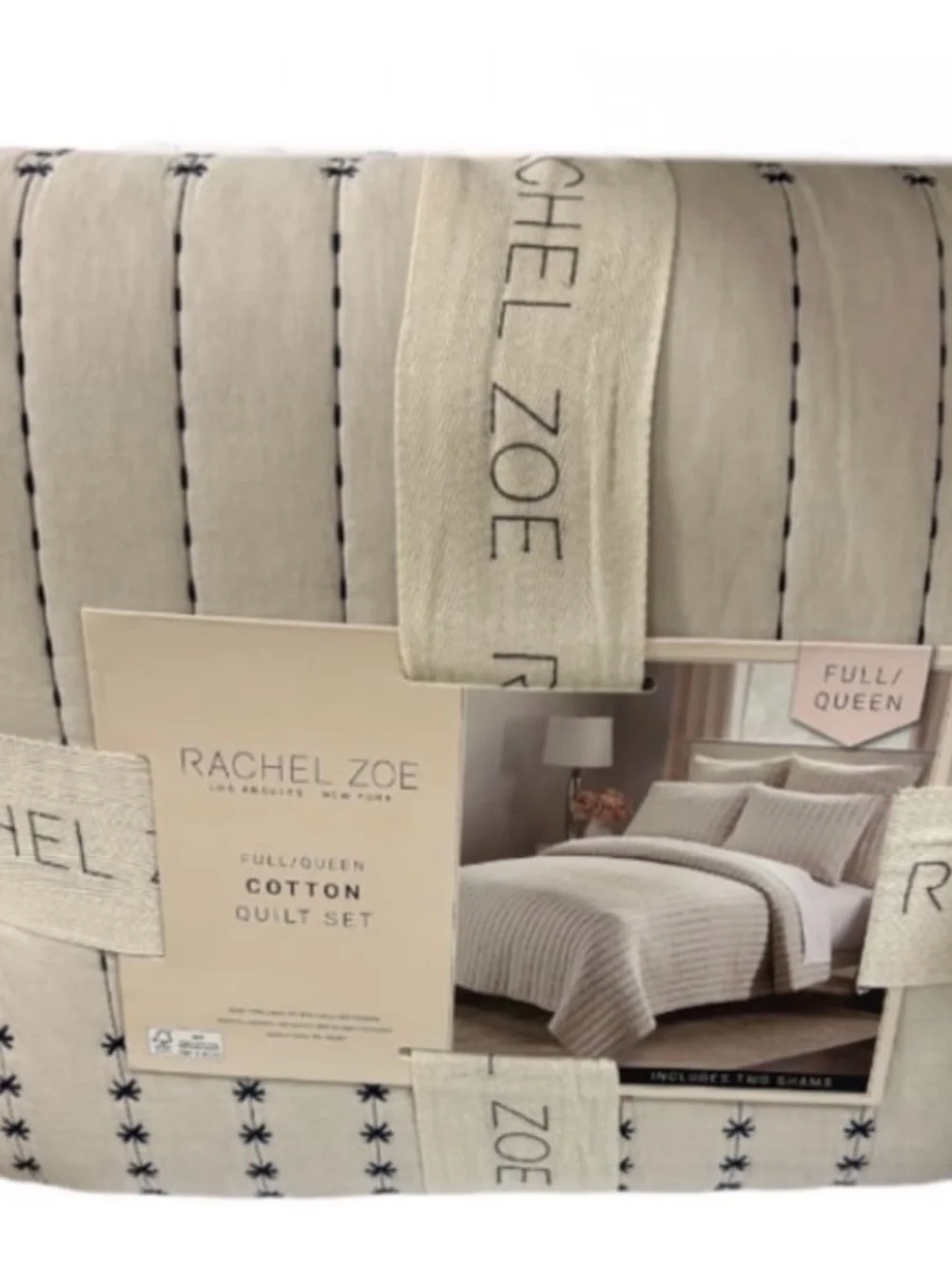 Rachel Zoe Full/Queen Natural and Blue Cotton Quilt Set 88”x92”